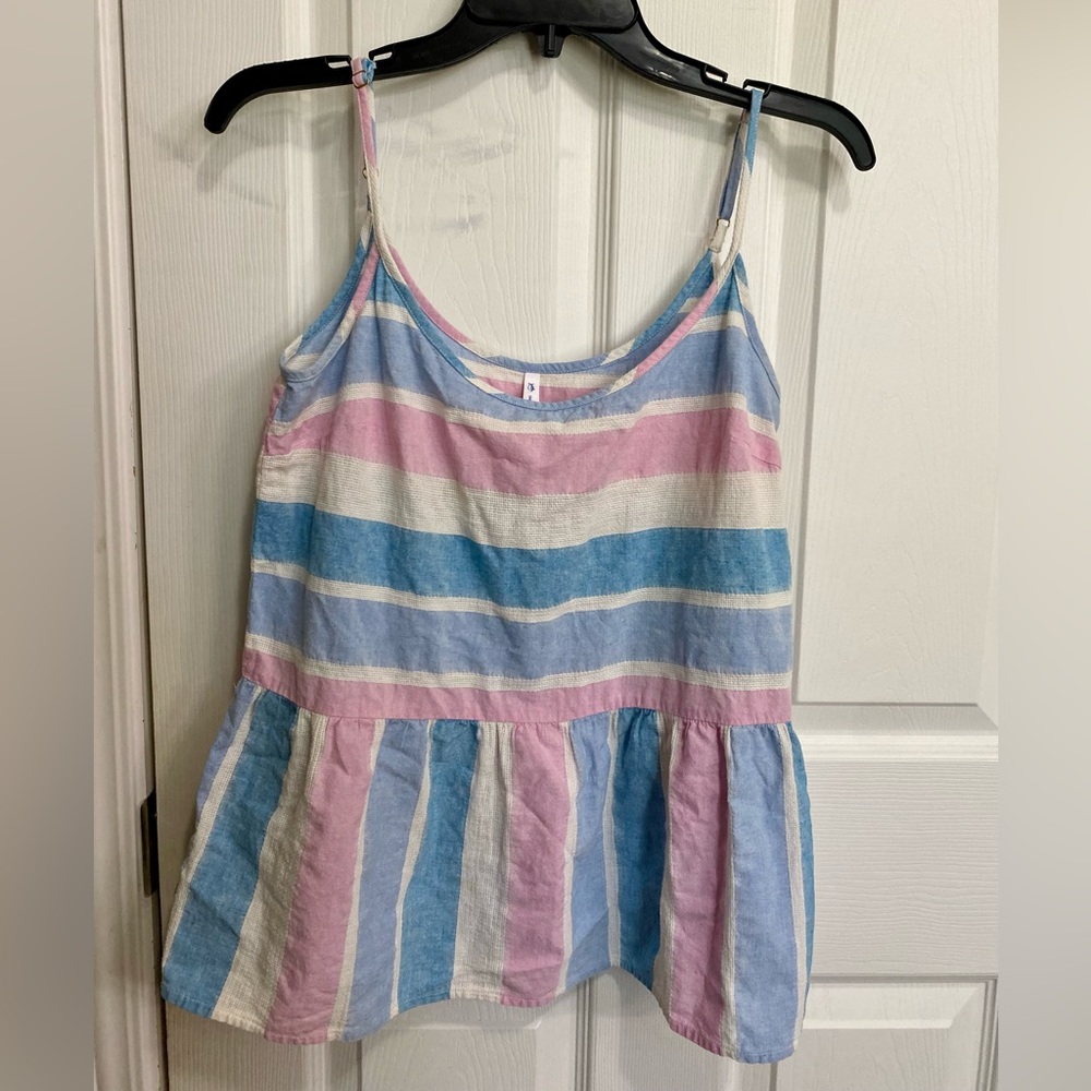 Southern Tide Blue and Pink Stripe Nadya Linen Blend Peplum style tank